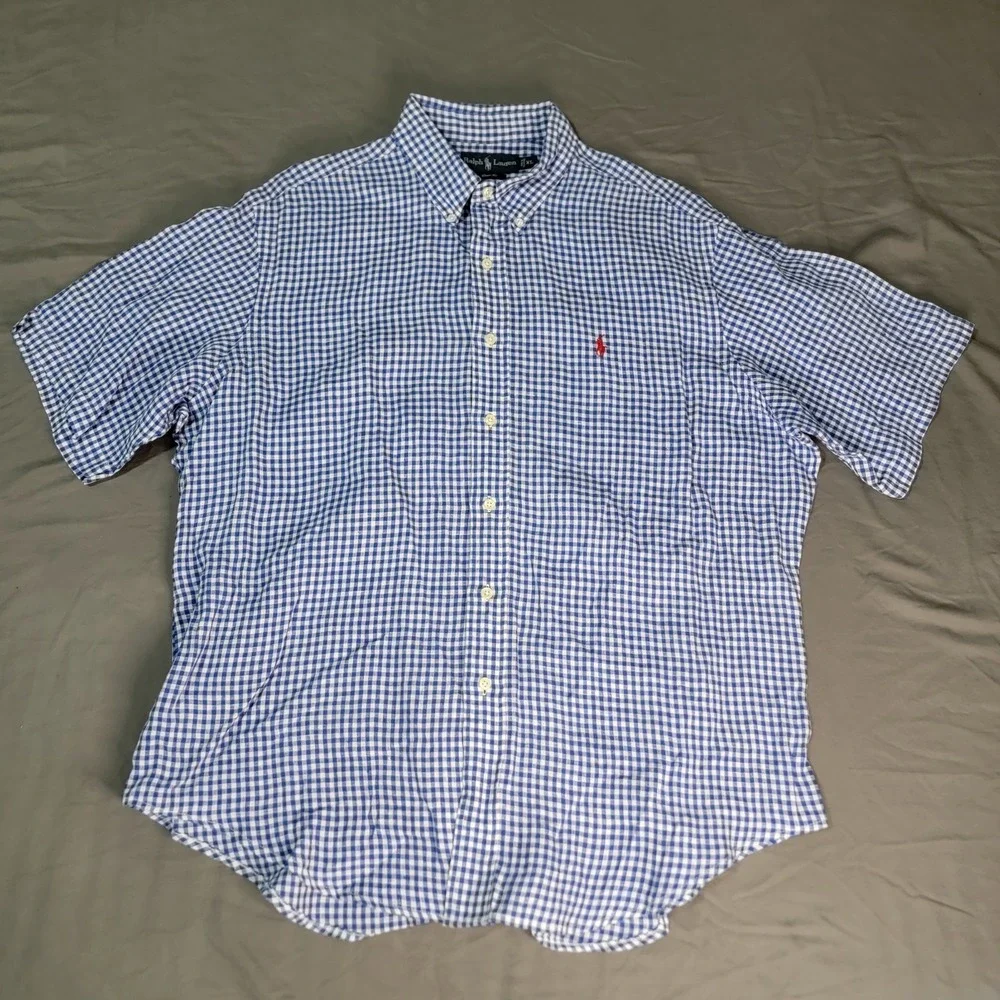 Ralph Lauren Linen Shirt Men's XL Blue Gingham Check Red Pony Short Sleeve